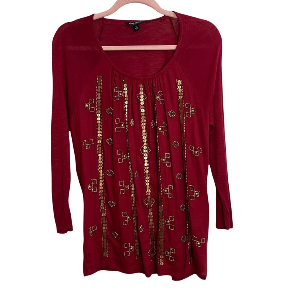 Lucky Brand Beaded Burgundy Long Sleeve Blouse